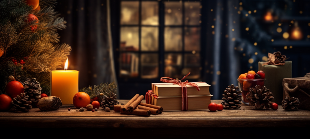 Adventsstimmung mit Buch, Kerze, Orangen, Zimtstangen